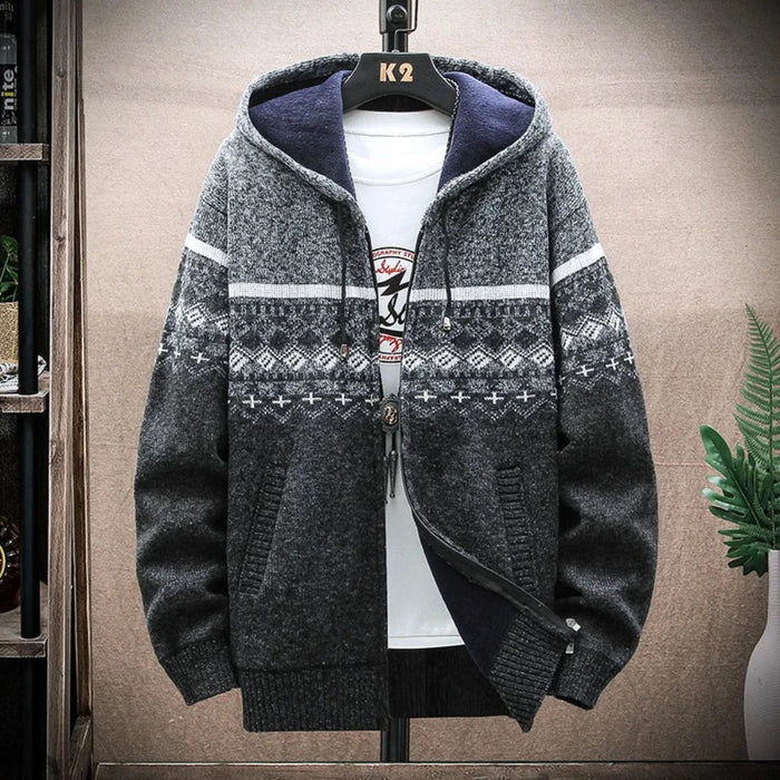 Printed Zip-Up Hooded Jacket for Men: dark gray, charcoal hooded zip-front jacket, casual winter, Nordic-inspired style