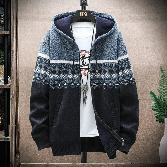 Printed Zip-Up Hooded Jacket for Men: dark gray, charcoal hooded zip-front jacket, casual winter, Nordic-inspired style