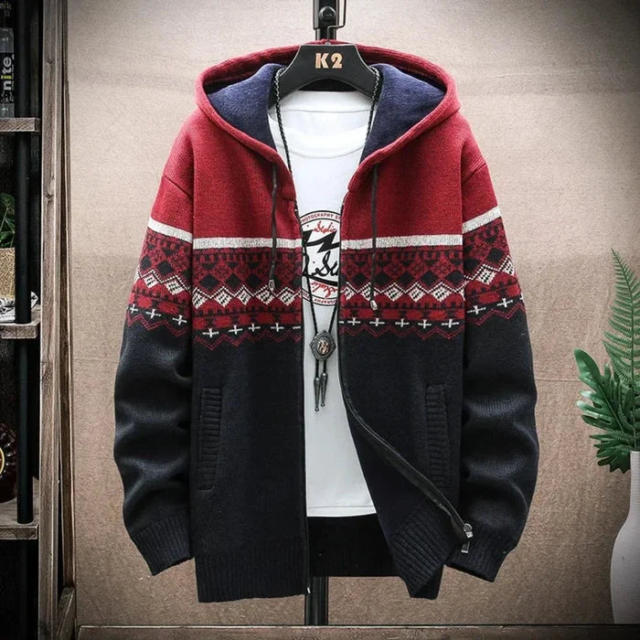 Printed Zip-Up Hooded Jacket for Men: dark gray, charcoal hooded zip-front jacket, casual winter, Nordic-inspired style