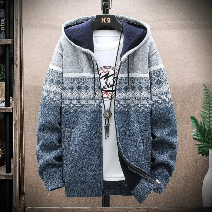Printed Zip-Up Hooded Jacket for Men: dark gray, charcoal hooded zip-front jacket, casual winter, Nordic-inspired style