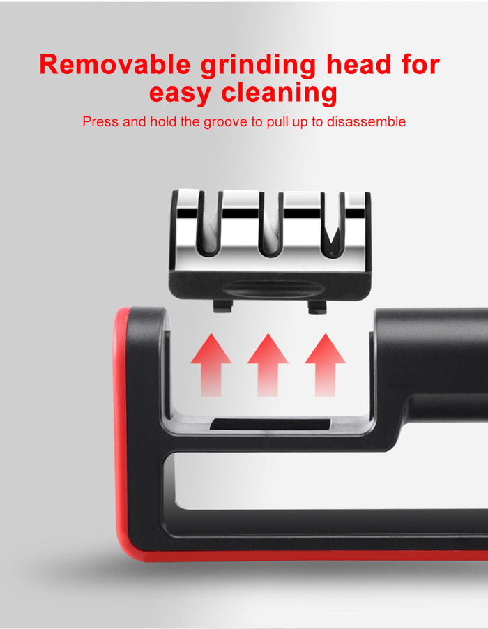 Professional Handheld 3 Stage Knife Sharpening Device: black, dark gray cylindrical black-and-red devices, modern minimal sty