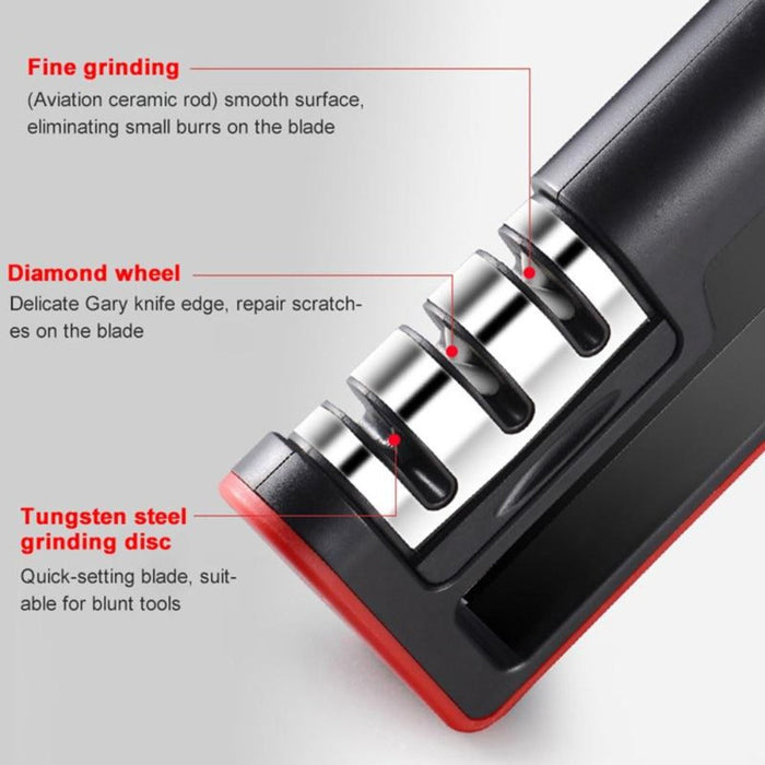 Professional Handheld 3 Stage Knife Sharpening Device: black, dark gray cylindrical black-and-red devices, modern minimal sty