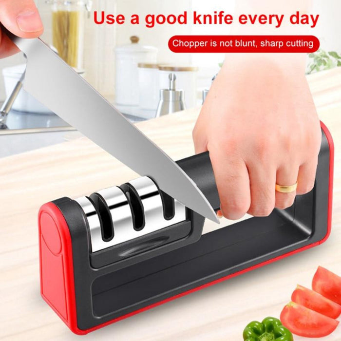 Professional Handheld 3 Stage Knife Sharpening Device: black, dark gray cylindrical black-and-red devices, modern minimal sty