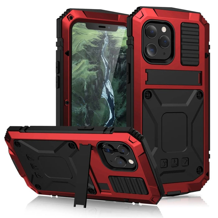 Protective Metal Case with Shockproof Armor and Tempered Glass for iPhone: red, black smartphone protective case, rugged, tac