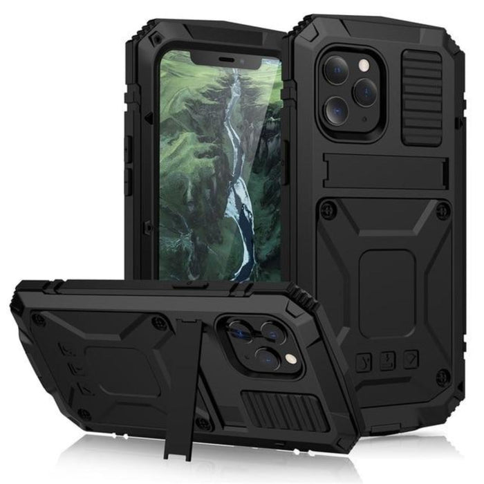 Protective Metal Case with Shockproof Armor and Tempered Glass for iPhone: red, black smartphone protective case, rugged, tac
