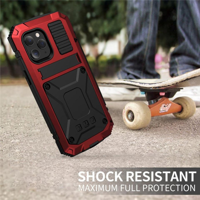 Protective Metal Case with Shockproof Armor and Tempered Glass for iPhone: red, black smartphone protective case, rugged, tac