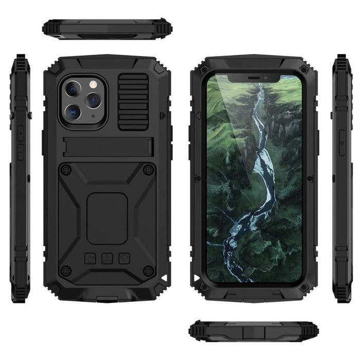 Protective Metal Case with Shockproof Armor and Tempered Glass for iPhone: red, black smartphone protective case, rugged, tac