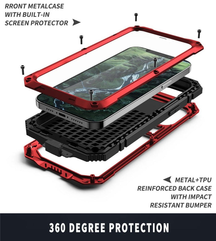 Protective Metal Case with Shockproof Armor and Tempered Glass for iPhone: red, black smartphone protective case, rugged, tac