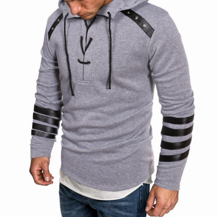 Pullover Hoodie for Men with Faux Leather Accents and Lace-Up Design: heather gray, black hooded sweatshirt, casual urban sty