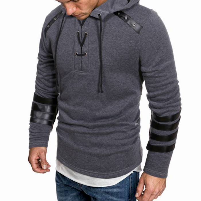 Pullover Hoodie for Men with Faux Leather Accents and Lace-Up Design: heather gray, black hooded sweatshirt, casual urban sty