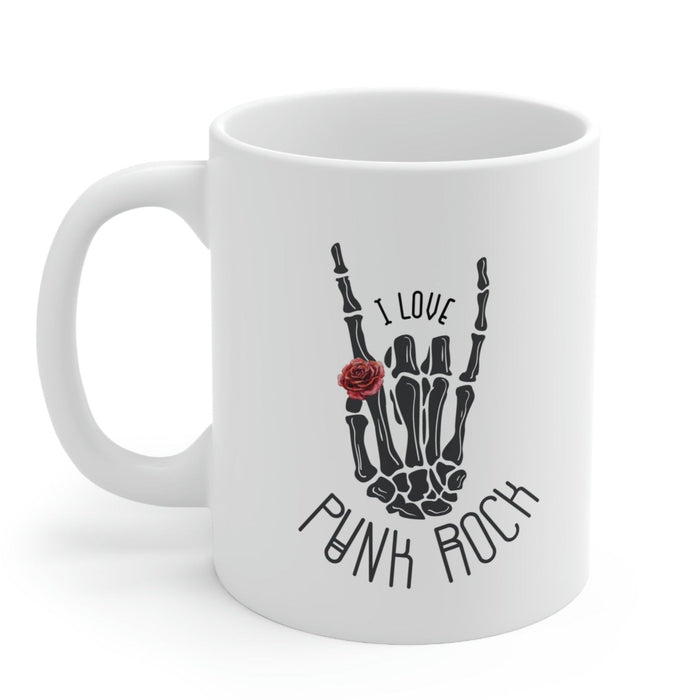 Punk Rock Skeleton Hand Mug: white, black punk rock skeletal hand graphic, punk rock graphic style