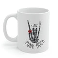 Punk Rock Skeleton Hand Mug: white, black punk rock skeletal hand graphic, punk rock graphic style