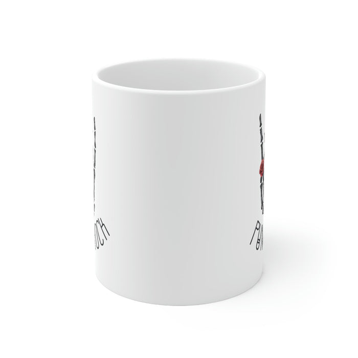 Punk Rock Skeleton Hand Mug: white, black punk rock skeletal hand graphic, punk rock graphic style