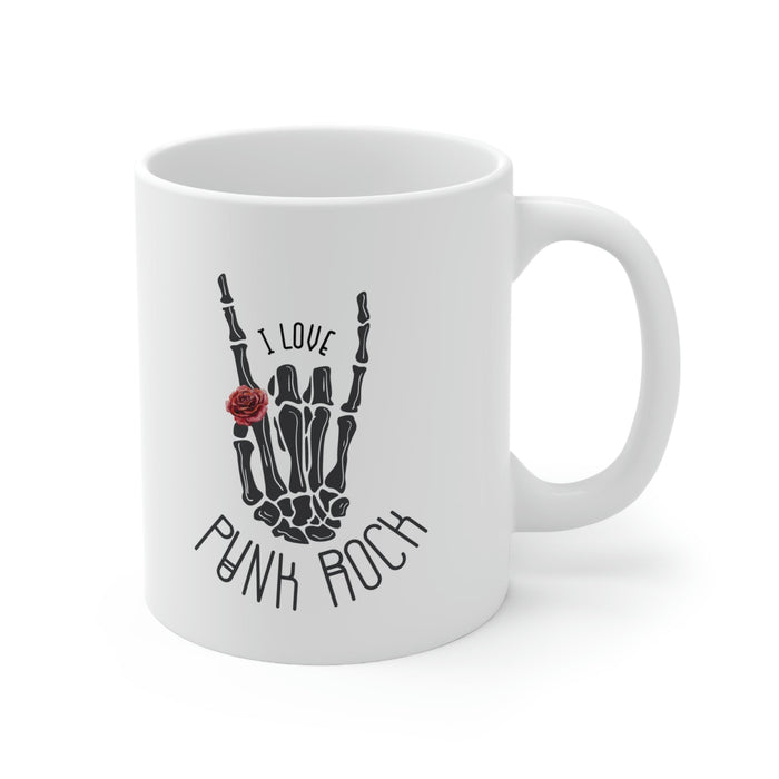 Punk Rock Skeleton Hand Mug: white, black punk rock skeletal hand graphic, punk rock graphic style
