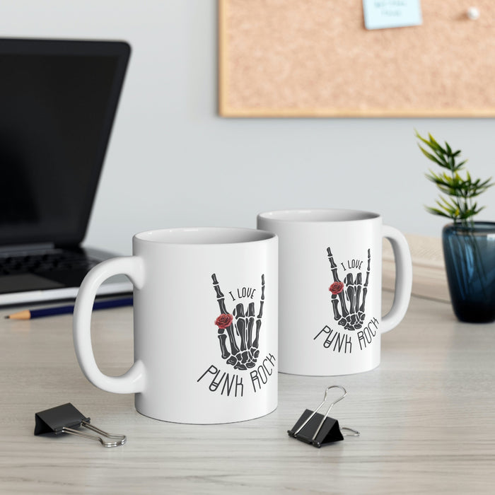Punk Rock Skeleton Hand Mug: white, black punk rock skeletal hand graphic, punk rock graphic style