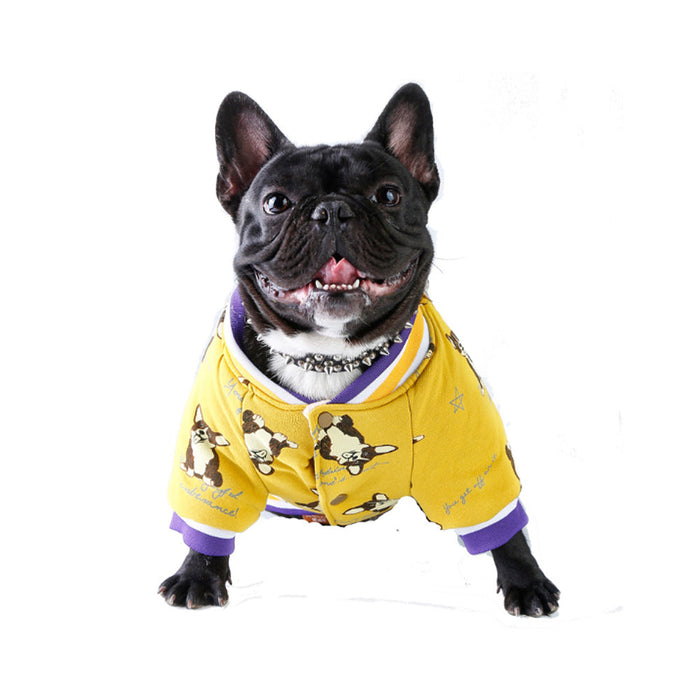 Puppy and Dog Bomber Jacket with Fleece Lining for Pets: yellow, purple black French bulldog, cartoon style
