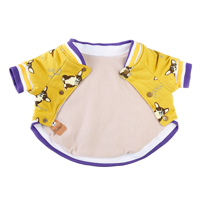 Puppy and Dog Bomber Jacket with Fleece Lining for Pets: yellow, purple black French bulldog, cartoon style