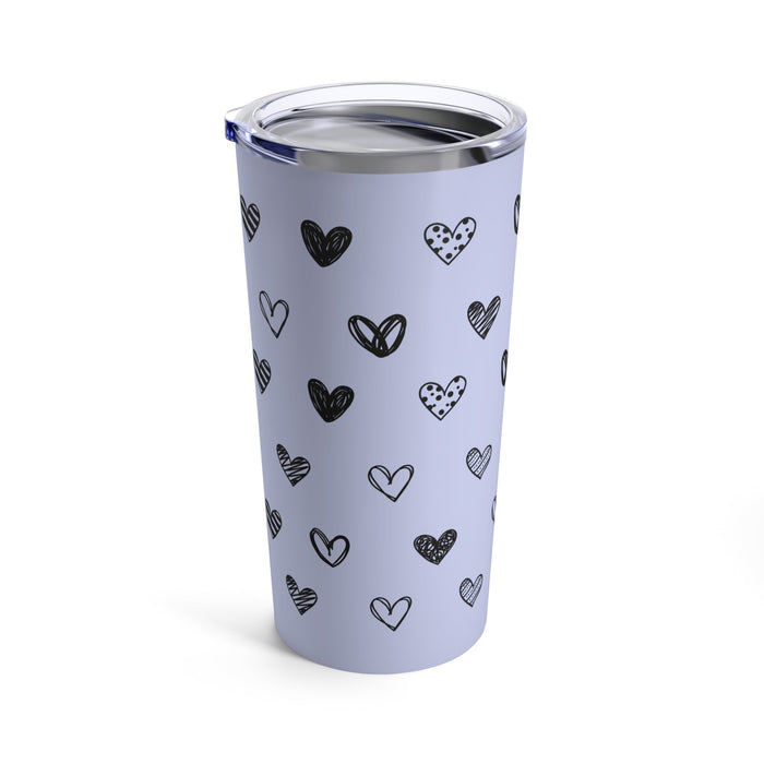 Purple 20oz Heart Tumbler: light lavender, black heart theme, minimal cartoon doodle style
