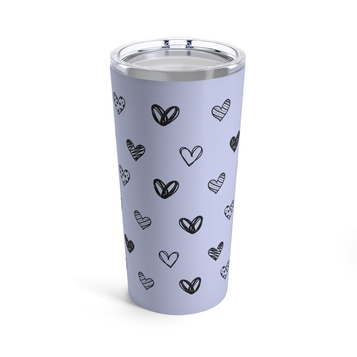 Purple 20oz Heart Tumbler: light lavender, black heart theme, minimal cartoon doodle style