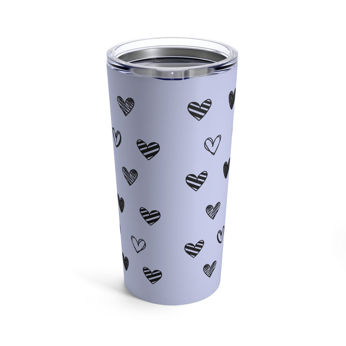Purple 20oz Heart Tumbler: light lavender, black heart theme, minimal cartoon doodle style
