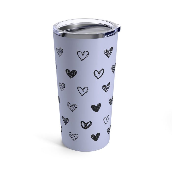 Purple 20oz Heart Tumbler: light lavender, black heart theme, minimal cartoon doodle style