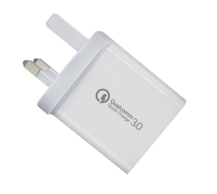 QC3.0 3-Port USB Fast Charger Adapter: white, gray wall charger/power adapter, minimal style