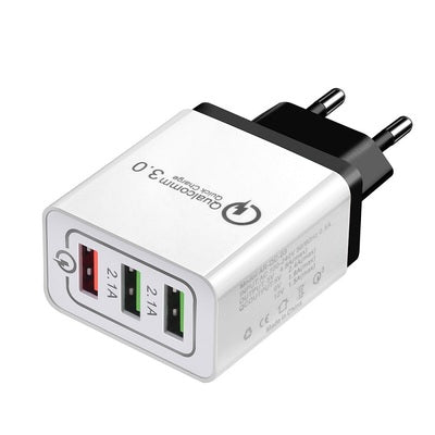 QC3.0 3-Port USB Fast Charger Adapter: white, gray wall charger/power adapter, minimal style