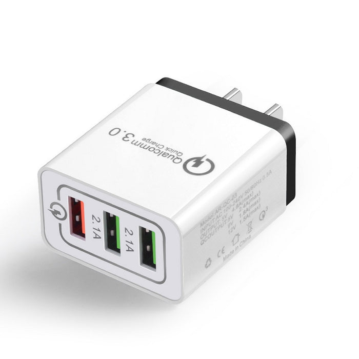 QC3.0 3-Port USB Fast Charger Adapter: white, gray wall charger/power adapter, minimal style