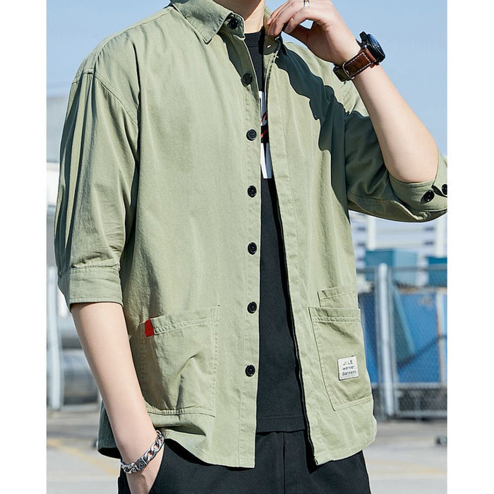 Quarter Sleeve Men's Shirt with Dual Front Pockets: olive green, black button-up jacket/shirt, casual utility/workwear style