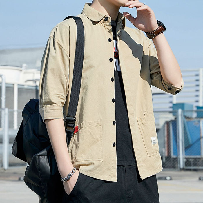 Quarter Sleeve Men's Shirt with Dual Front Pockets: olive green, black button-up jacket/shirt, casual utility/workwear style