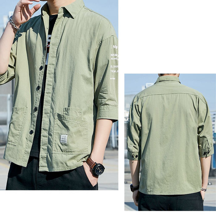 Quarter Sleeve Men's Shirt with Dual Front Pockets: olive green, black button-up jacket/shirt, casual utility/workwear style