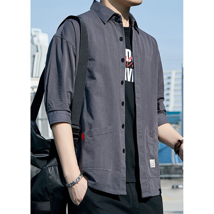 Quarter Sleeve Men's Shirt with Dual Front Pockets: olive green, black button-up jacket/shirt, casual utility/workwear style