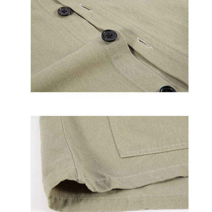 Quarter Sleeve Men's Shirt with Dual Front Pockets: olive green, black button-up jacket/shirt, casual utility/workwear style