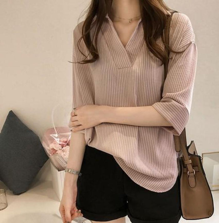 Quarter Sleeve Striped Shirt for Women with V-Neck Design: dusty pink, beige women's ribbed V-neck top, minimal casual style