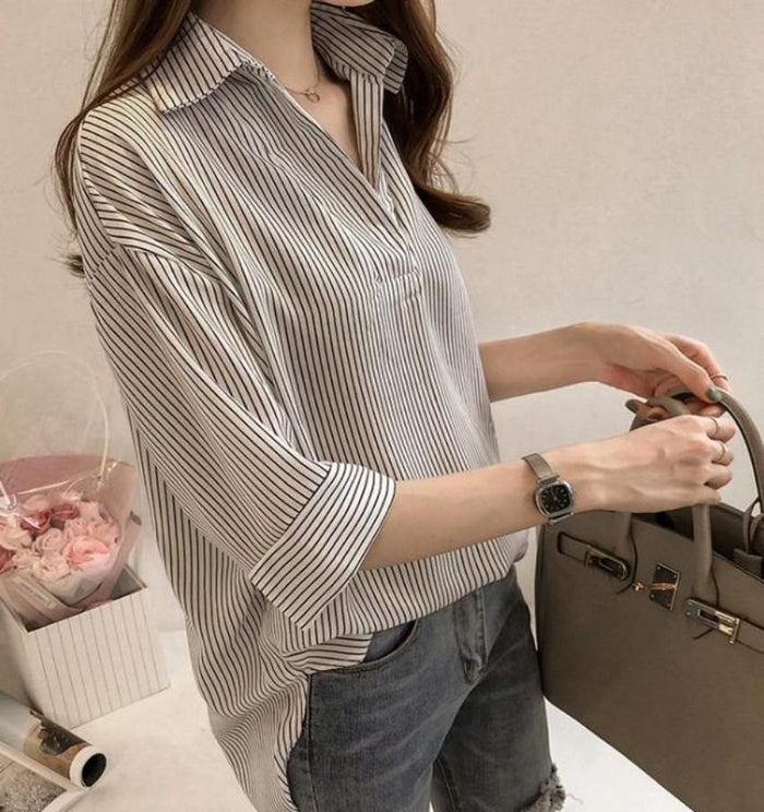 Quarter Sleeve Striped Shirt for Women with V-Neck Design: dusty pink, beige women's ribbed V-neck top, minimal casual style