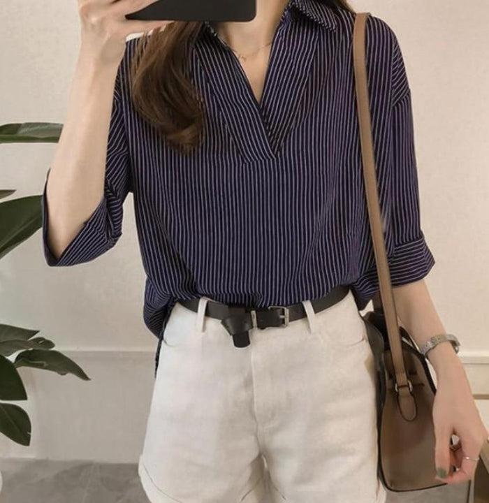 Quarter Sleeve Striped Shirt for Women with V-Neck Design: dusty pink, beige women's ribbed V-neck top, minimal casual style