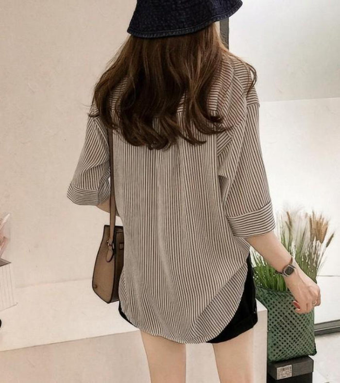 Quarter Sleeve Striped Shirt for Women with V-Neck Design: dusty pink, beige women's ribbed V-neck top, minimal casual style