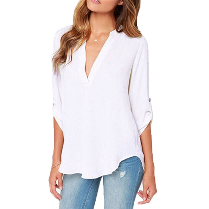 Quarter Sleeve Women's Top with a V Neckline: white blouse/top, casual minimal style
