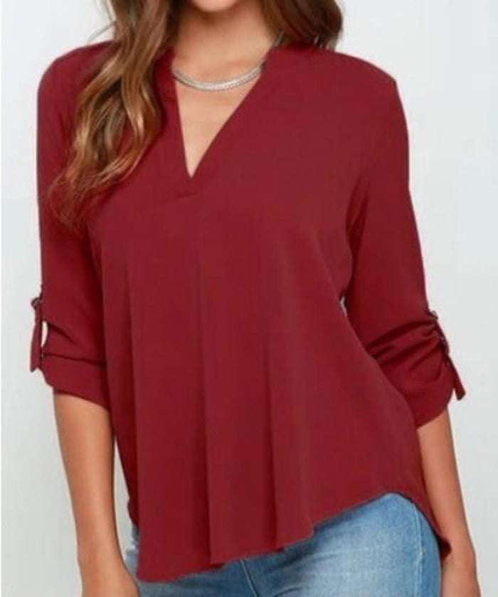 Quarter Sleeve Women's Top with a V Neckline: white blouse/top, casual minimal style