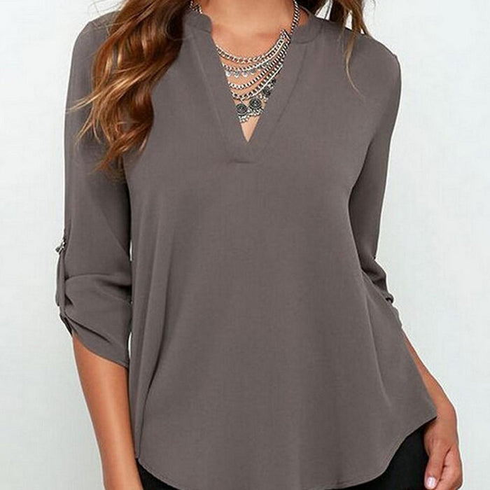 Quarter Sleeve Women's Top with a V Neckline: white blouse/top, casual minimal style