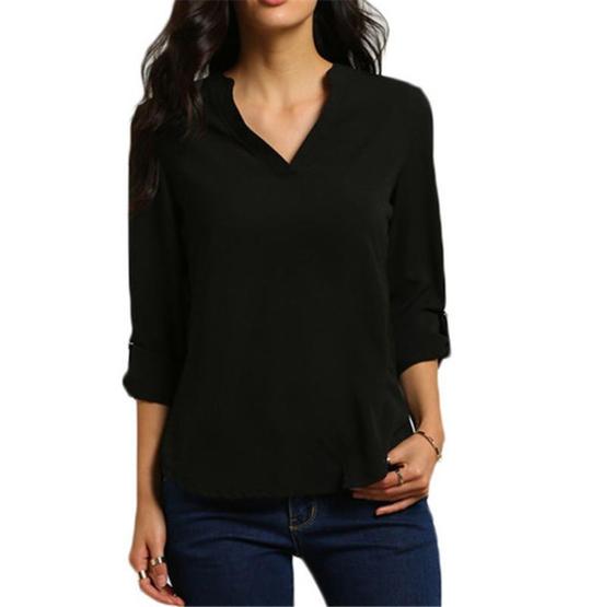 Quarter Sleeve Women's Top with a V Neckline: white blouse/top, casual minimal style