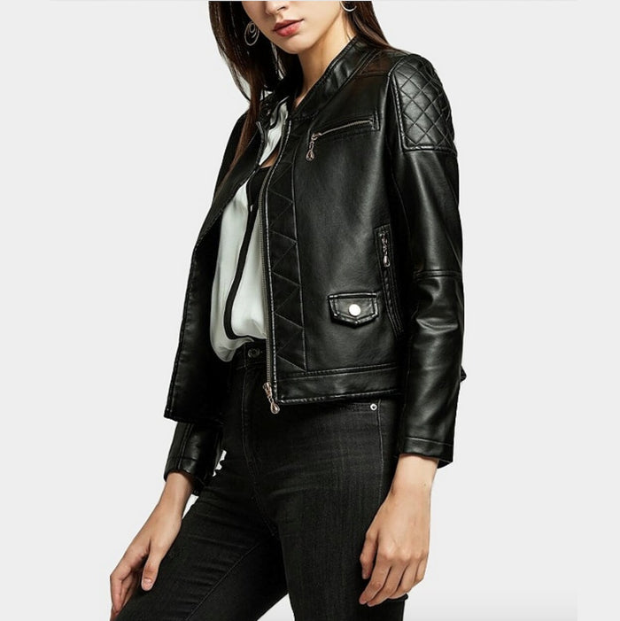 Quilted Faux Leather Jacket for Women: black jacket, biker moto style