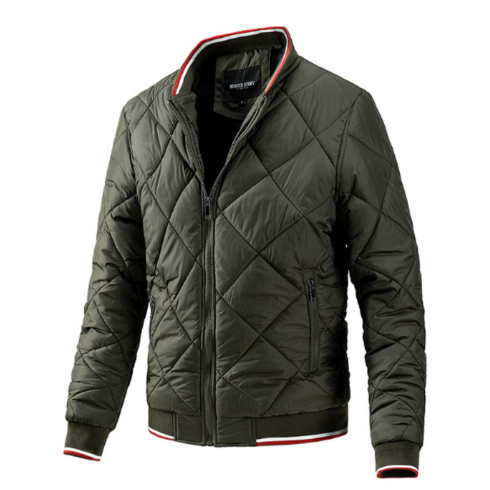 Quilted Jacket for Men, A Stylish Bomber: dark olive green, black quilted zip-up jacket, casual bomber-style outerwear style
