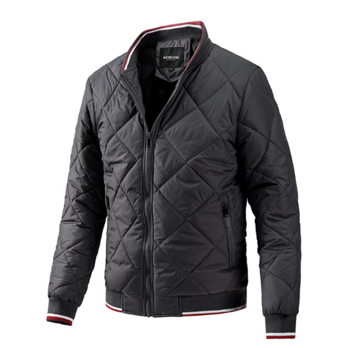 Quilted Jacket for Men, A Stylish Bomber: dark olive green, black quilted zip-up jacket, casual bomber-style outerwear style