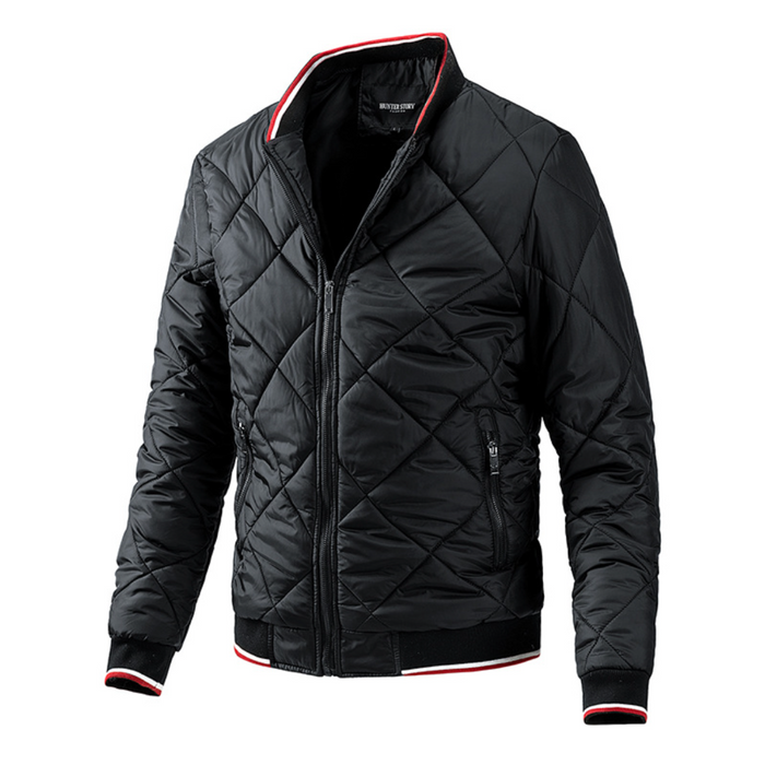 Quilted Jacket for Men, A Stylish Bomber: dark olive green, black quilted zip-up jacket, casual bomber-style outerwear style