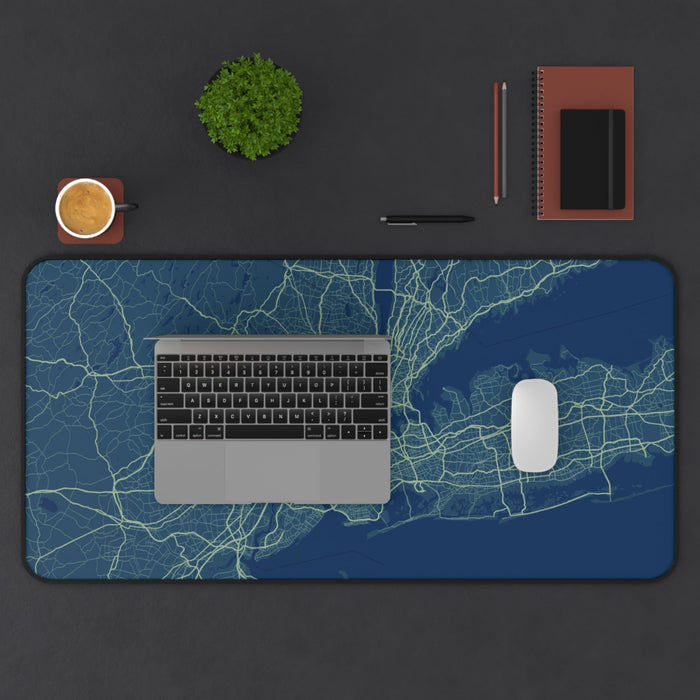 Radiant New York City Map Desk Pad: dark navy blue, light green map, minimal map graphic style