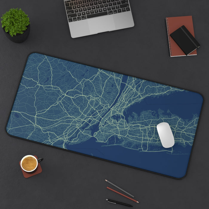 Radiant New York City Map Desk Pad: dark navy blue, light green map, minimal map graphic style
