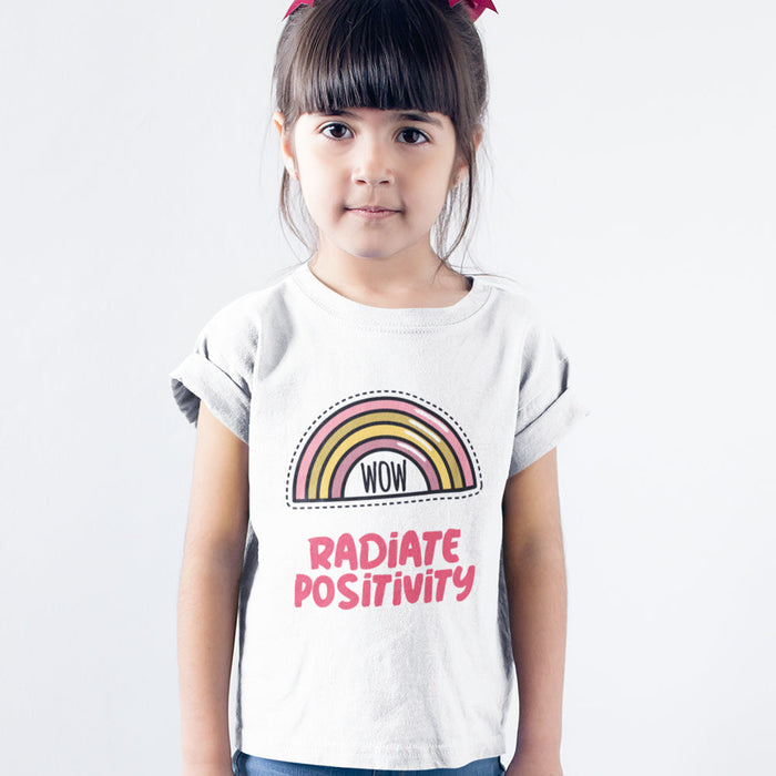 Radiate Positivity T-Shirt for Girls: white, pink rainbow graphic with "WOW" and "RADIATE POSITIVITY" text, cartoon, positive