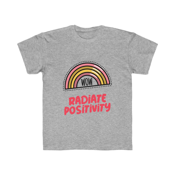 Radiate Positivity T-Shirt for Girls: white, pink rainbow graphic with "WOW" and "RADIATE POSITIVITY" text, cartoon, positive