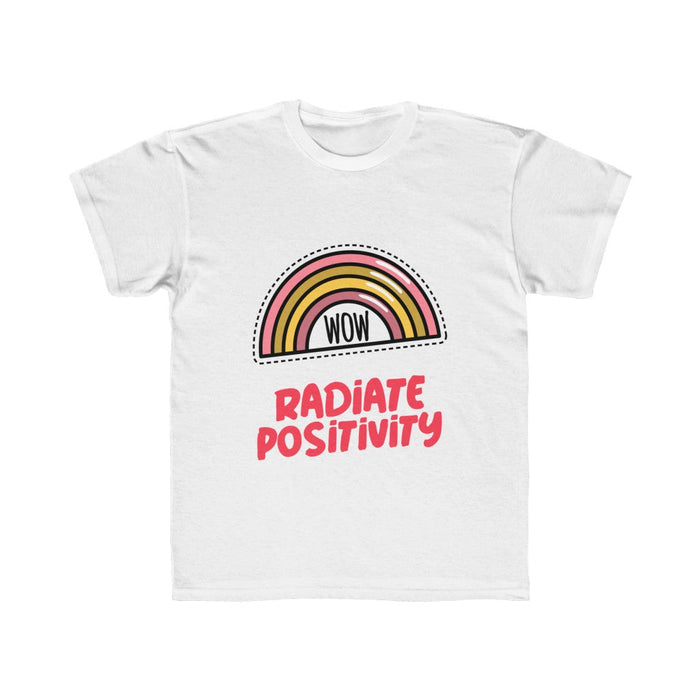 Radiate Positivity T-Shirt for Girls: white, pink rainbow graphic with "WOW" and "RADIATE POSITIVITY" text, cartoon, positive